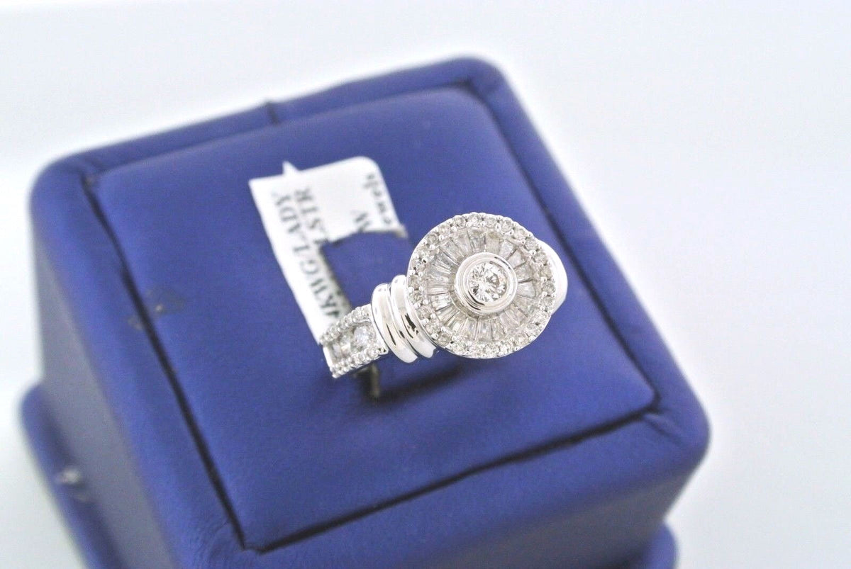 14k White Gold 1.00 CT Round & Baguette Diamond Cluster Engagement Ring