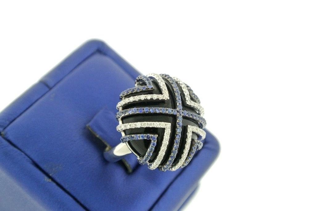 18k White Gold 2.50 CT Sapphire Diamond Onyx Ladies Ring 16.8gm Size 6.5